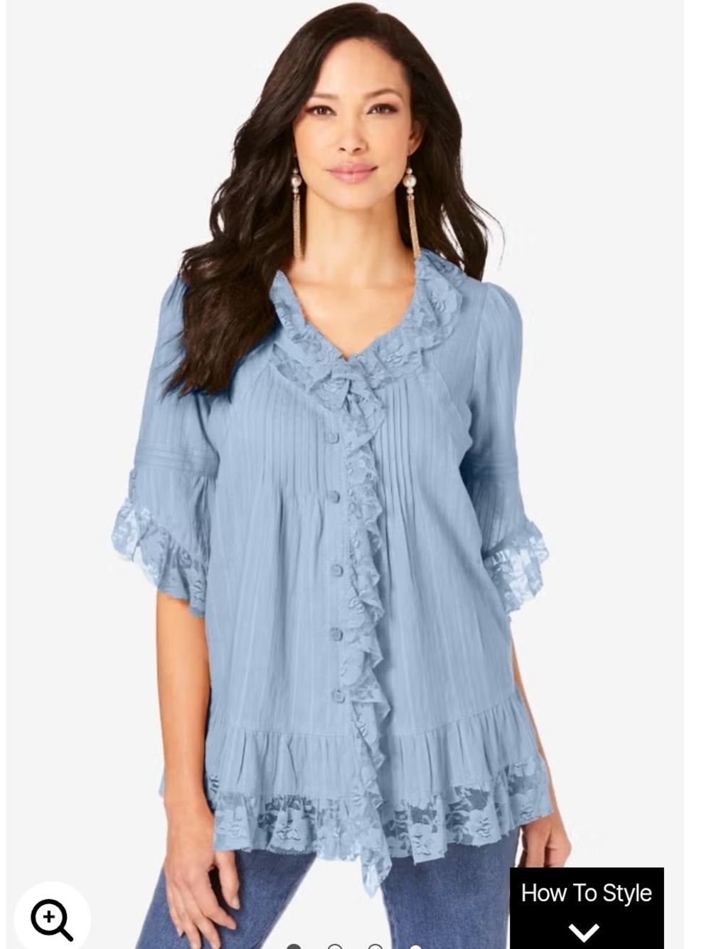 Roaman's Dusty Blue Ruffled Lace-Trim Blouse